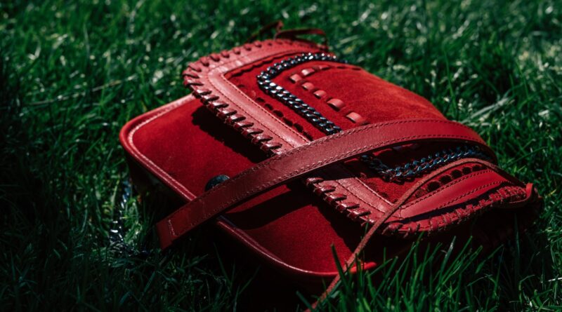 red leather handbag on grasses